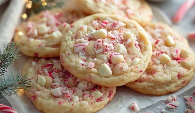 White Chocolate Peppermint Cookies stacked on a holiday tray