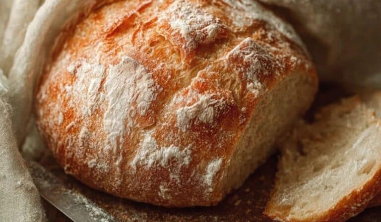 Freshly baked loaf of World Easiest Homemade Bread wrapped in linen on rustic cutting board