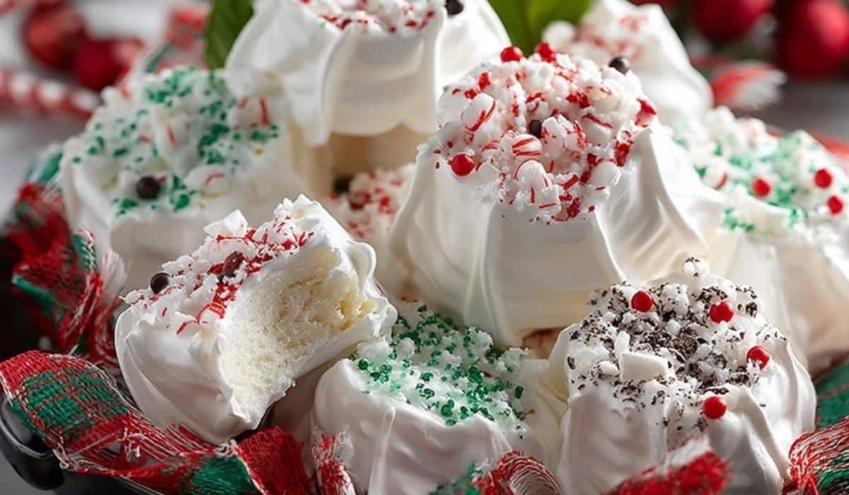 Foolproof No-Cook Divinity Candy topped with festive red and green sprinkles