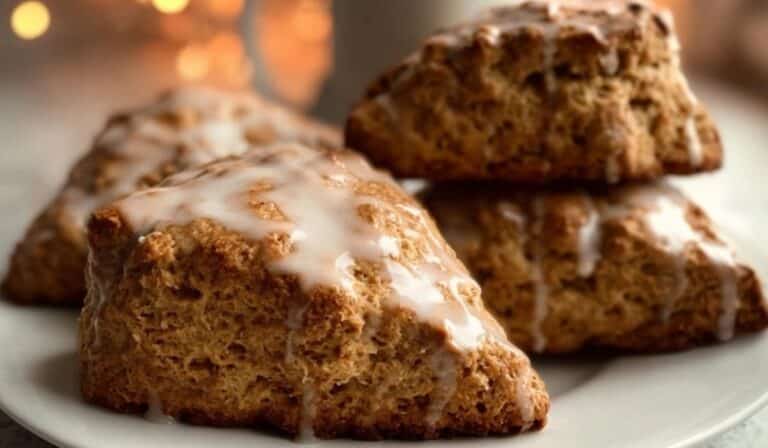 Gingerbread Scones with glaze on a plate