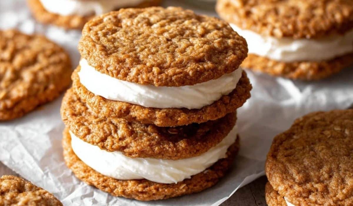 Homemade Oatmeal Cream Pies stacked with creamy vanilla filling