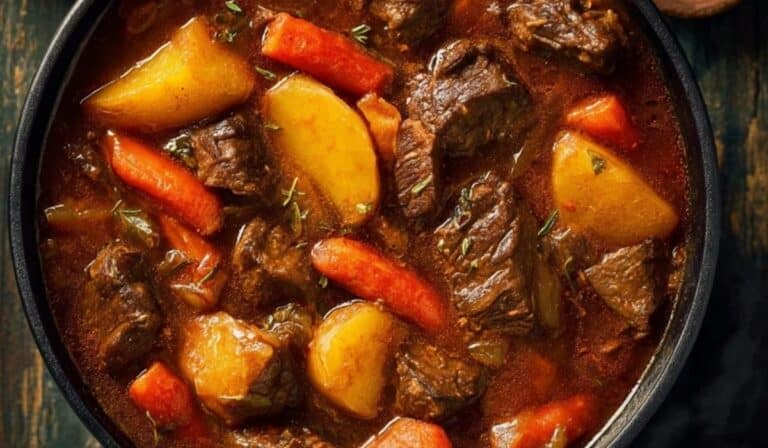 Jamaican Beef Stew served in a black bowl with carrots and potatoes