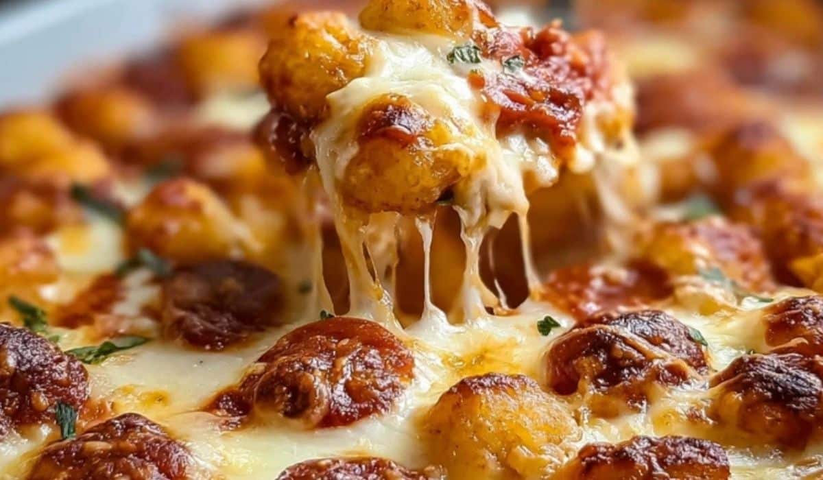 Pizza Tot Casserole with melted cheese and crispy golden tater tots
