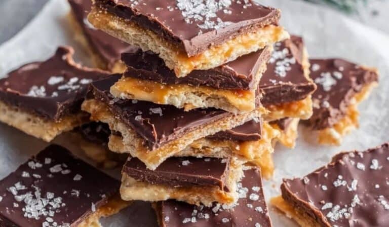 Quick and Easy Saltine Candy Delight stacked with sea salt topping