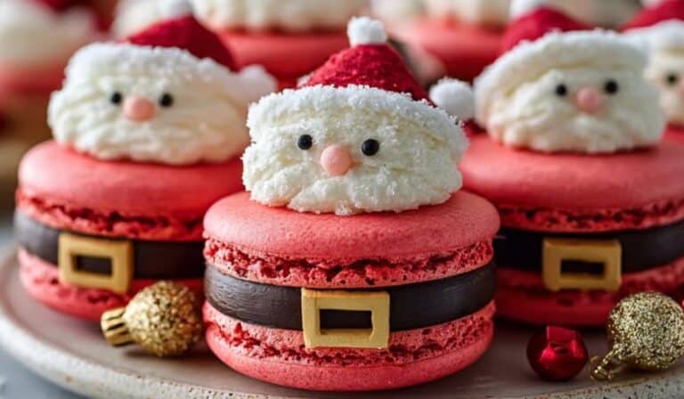 Santa Claus Macarons decorated with red hats and chocolate belts on a festive cookie platter.