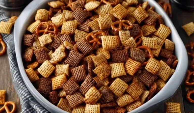 Simple Homemade Chex Mix Classic in a gray serving bowl with pretzels