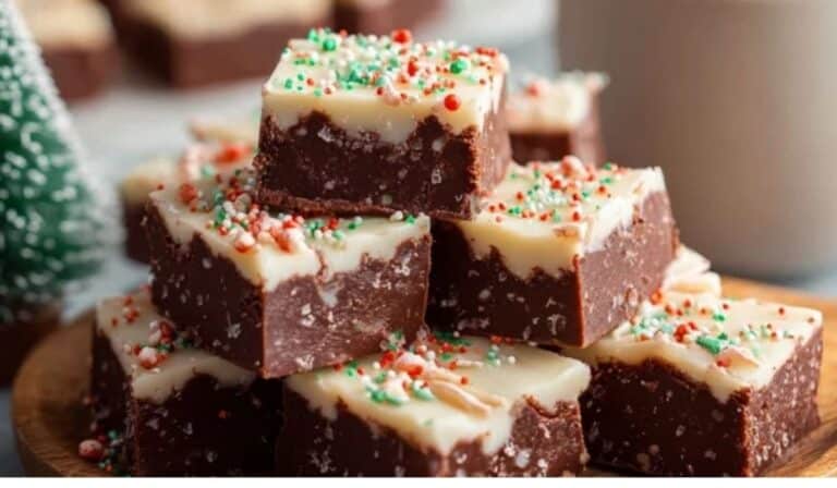 The Best Christmas Fudge stacked on a wooden platter with sprinkles