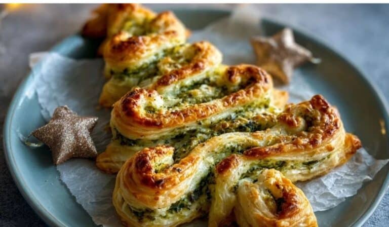 Basil Pesto Cheesy Puff Pastry Christmas Tree centerpiece on rustic holiday table