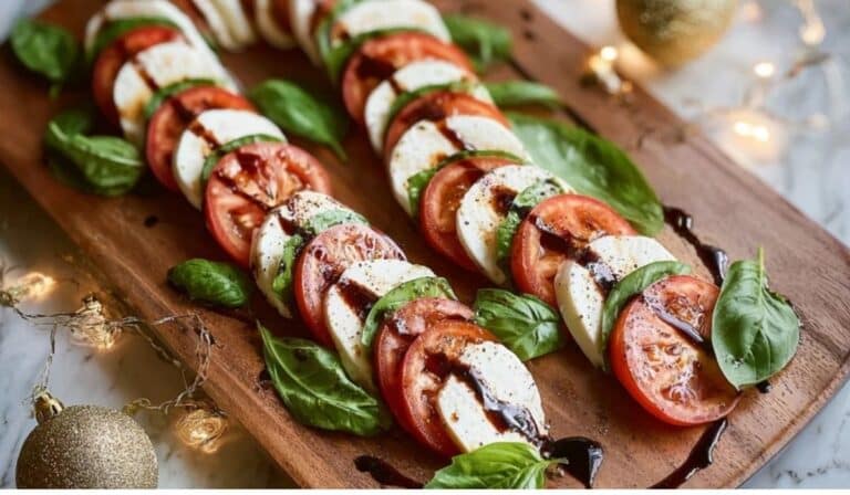 Candy Cane Caprese Board arranged on a festive holiday platter