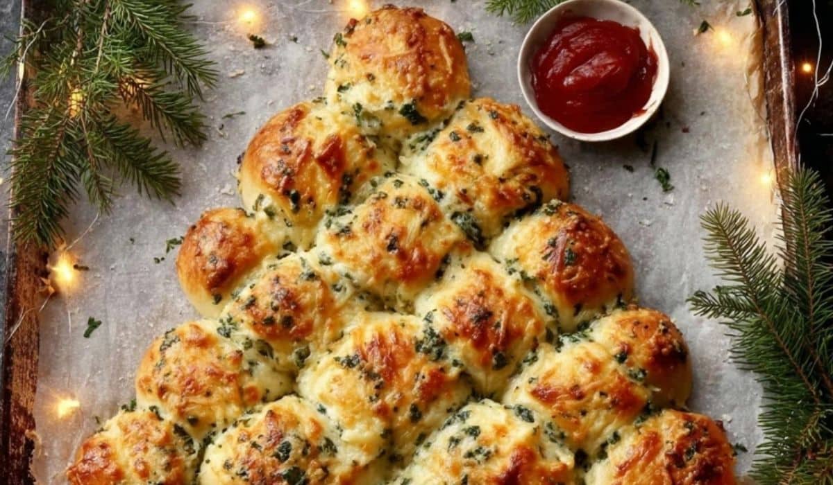 Cheesy Christmas Tree Bread with garlic butter and herbs