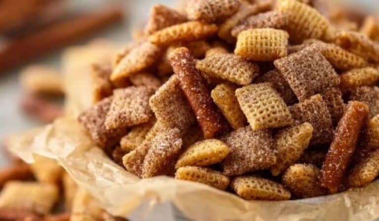 Churro Chex Mix in a bowl on rustic table with cinnamon sugar