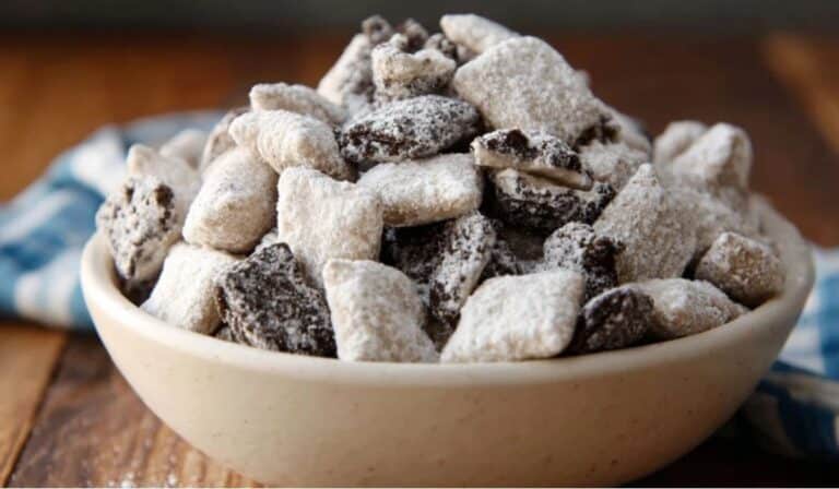 Cookies and Cream Puppy Chow in a rustic serving bowl