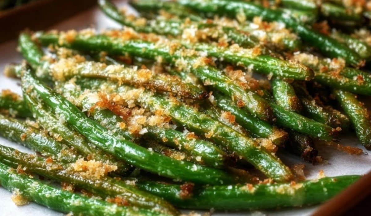 Crispy oven baked green beans with parmesan on a baking tray