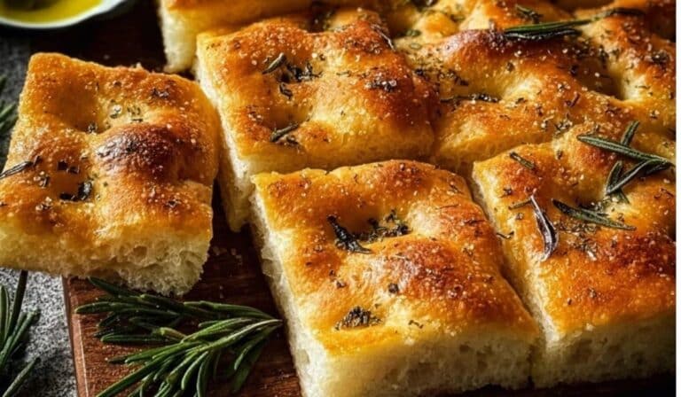 Delicious Homemade Focaccia Bread with golden crust and rosemary topping