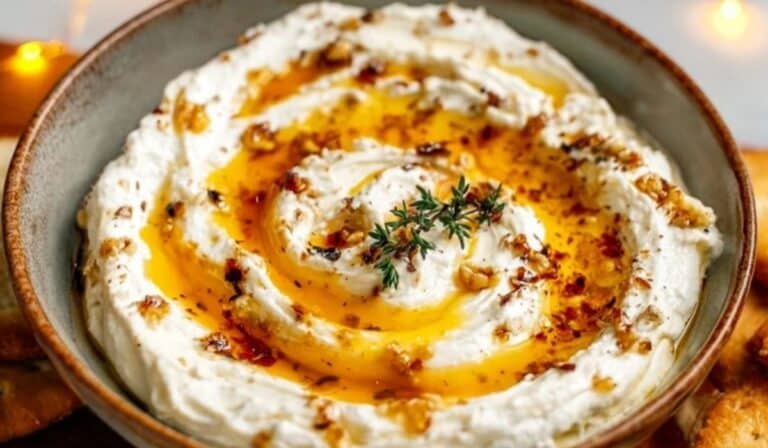 Delicious Ricotta Dip with Hot Honey in ceramic bowl