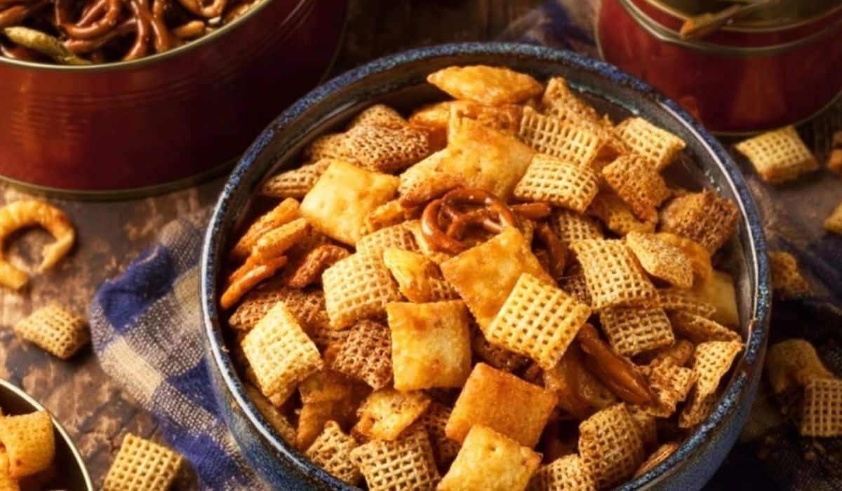 Easy Homemade Chex Mix in a rustic ceramic bowl