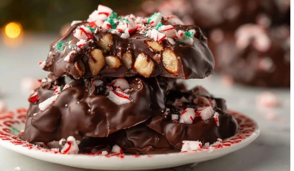 5 Minute Christmas Crock Pot Candy stacked on a plate with festive sprinkles