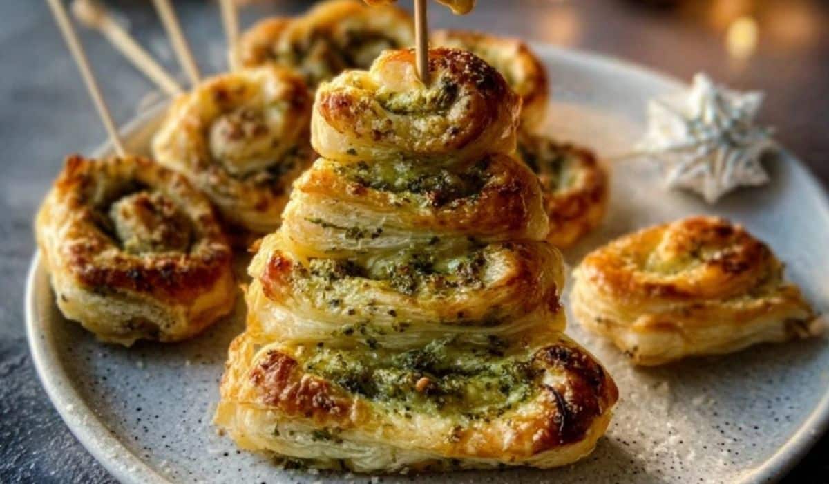 Basil Pesto Cheesy Puff Pastry Christmas Tree served on white plate with mini swirls