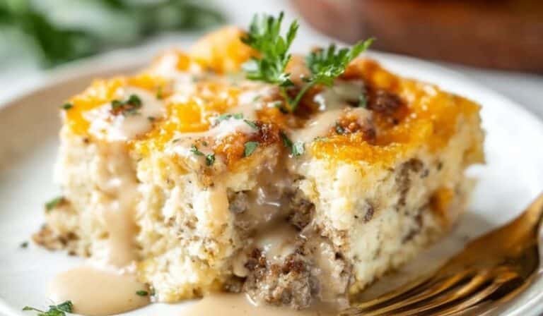 Biscuits and Gravy Breakfast Casserole served hot with creamy sausage gravy
