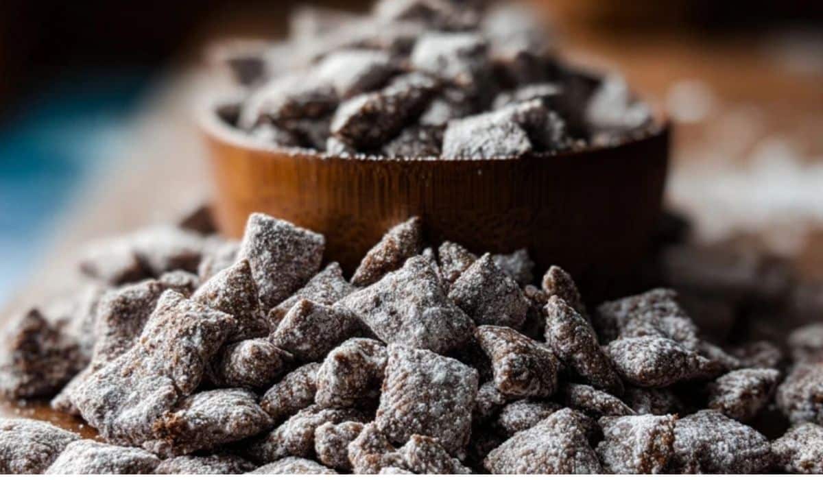 Brownie Batter Puppy Chow served in a wooden bowl