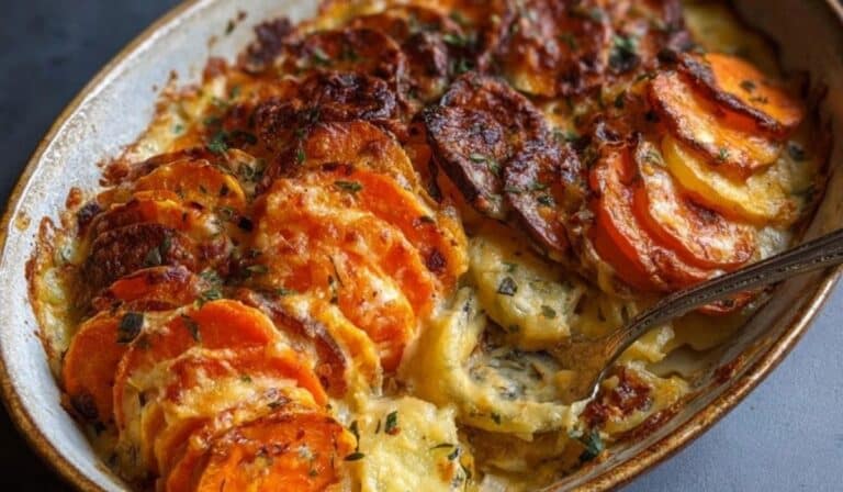 Cheesy Root Vegetable Gratin served on rustic plate
