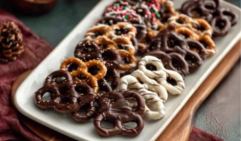 Featured chocolate covered pretzels on dessert tray