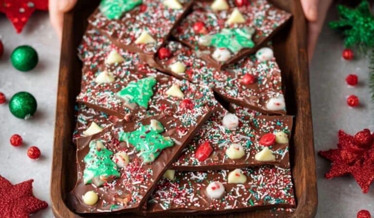 Christmas Chocolate Bark With Sprinkles on a holiday platter