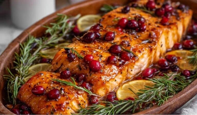 Christmas Salmon served on wooden board with festive garnish