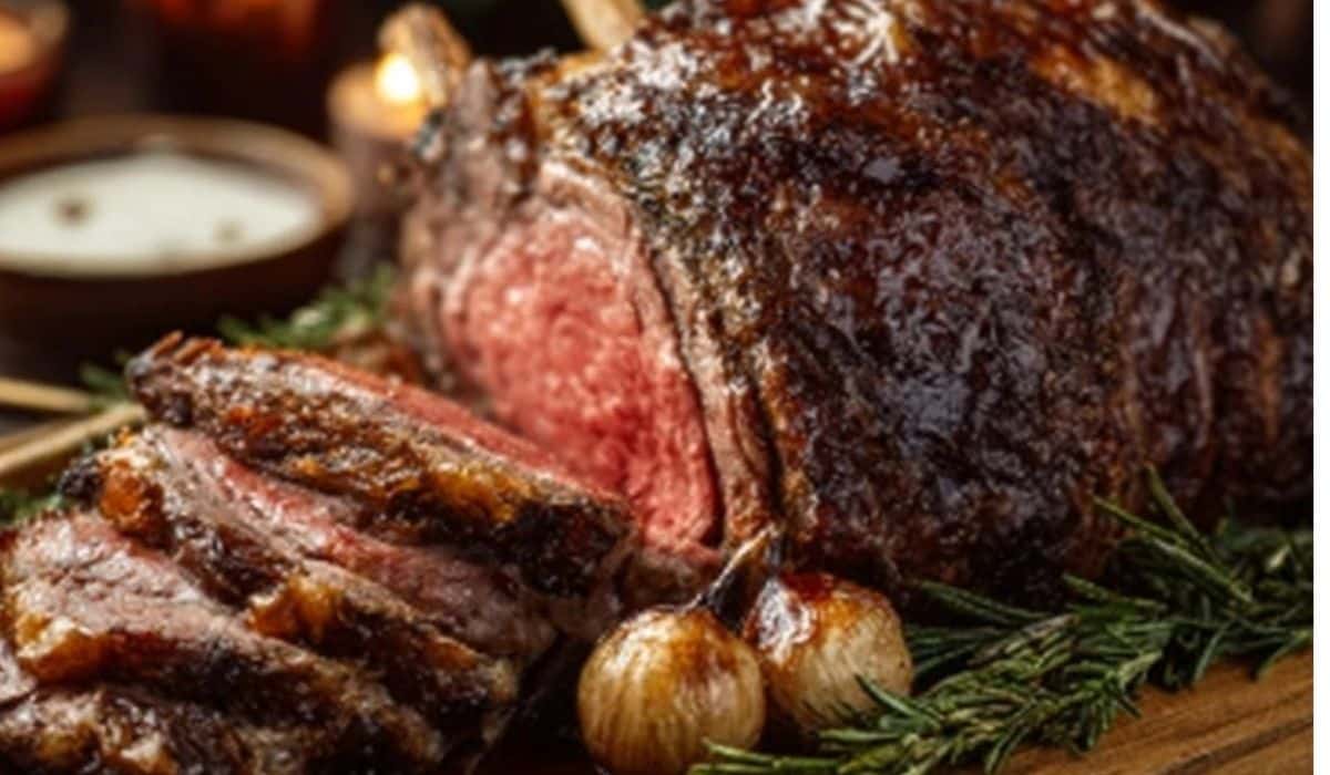 Classic Christmas Prime Rib sliced and served with roasted garlic and rosemary