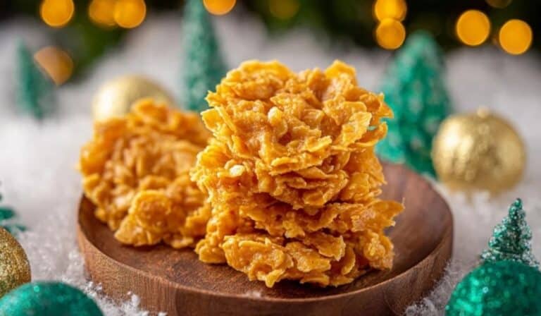 Featured Cornflake Candy holiday treat with Christmas decorations