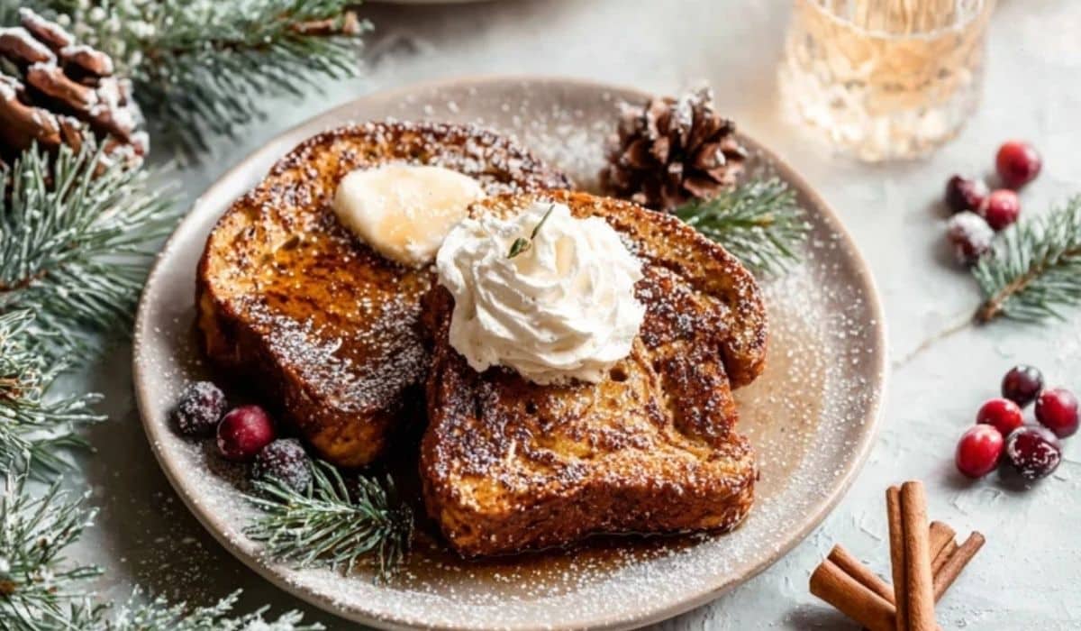 Featured serving of easiest gingerbread French toast on holiday plate