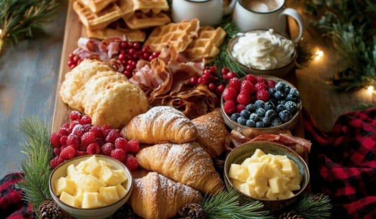 Festive Christmas Breakfast Charcuterie Board styled on a wooden table