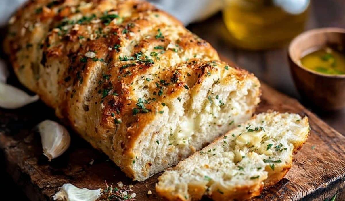 Freshly served Garlic Parmesan Herb Bread with dipping oil on rustic board