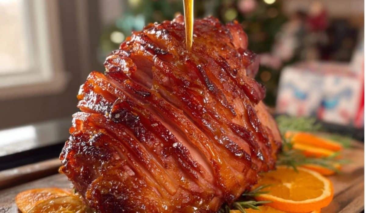 Honey Baked Ham with Orange-Brown Sugar Glaze on holiday table