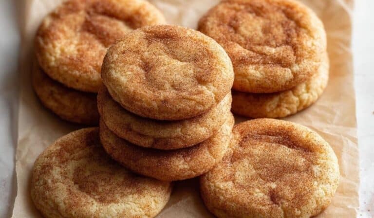 Irresistibly Soft Snickerdoodle Cookies stacked on a holiday tray