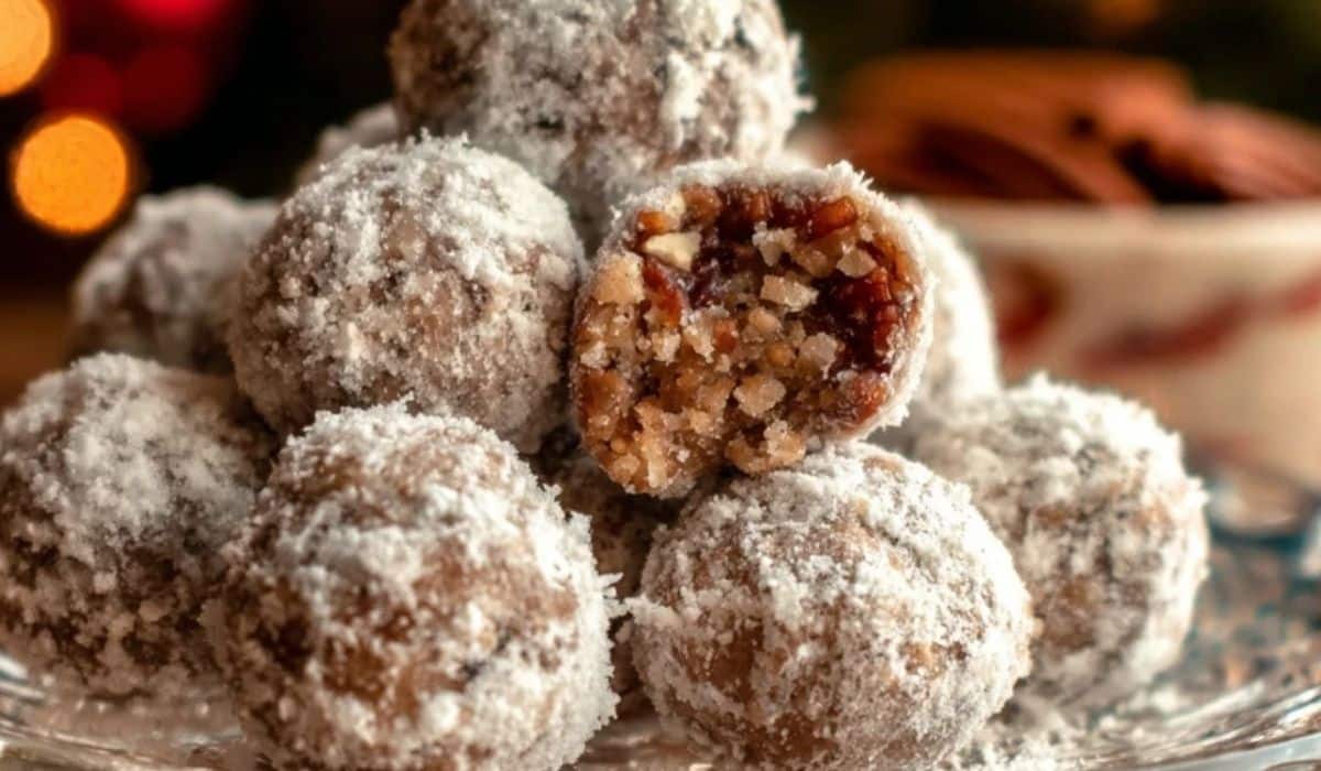 Old Fashioned Bourbon Balls on a crystal holiday platter