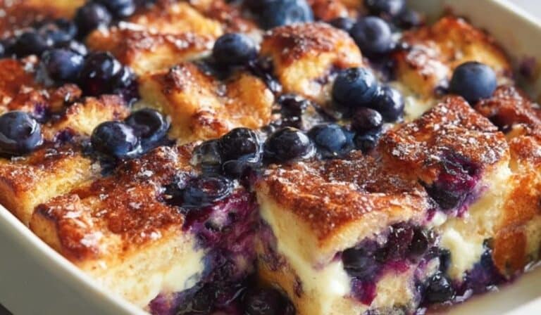 Overnight Blueberry French Toast Casserole with golden crust and fresh blueberries