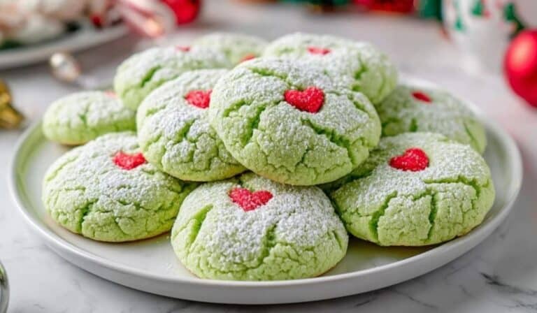 Grinch Cookies with vibrant green dough and red heart candies on a festive holiday plate