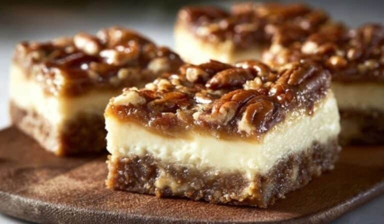 Pecan Pie Cheesecake Bars served on wooden plate