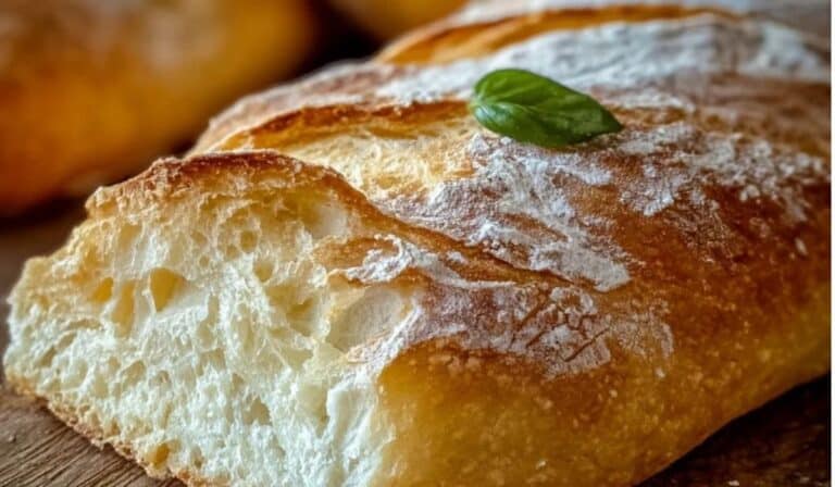 Quick and Easy Crusty Italian Bread sliced on rustic board