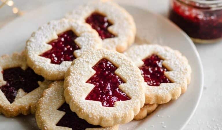Raspberry Linzer Cookies with Christmas tree cutout and raspberry jam