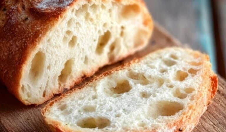 Rustic Italian Crusty Bread sliced on wooden board
