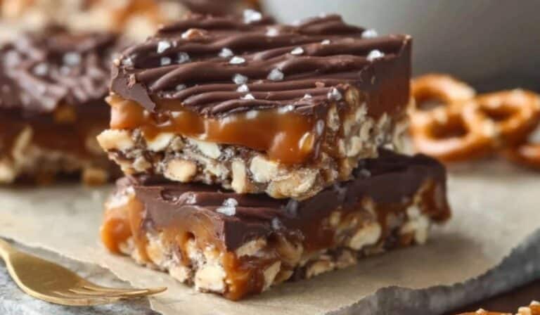 Salted Chocolate and Caramel Pretzel Bars stacked with gooey caramel and pretzels