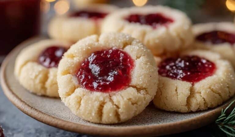 Soft Christmas Thumbprint Cookies with raspberry jam on a holiday plate