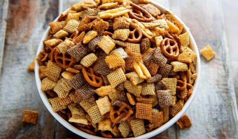 The Best Homemade Chex Mix served in a large ceramic bowl