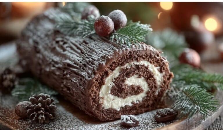 Traditional Chocolate Yule Log Recipe dusted with powdered sugar