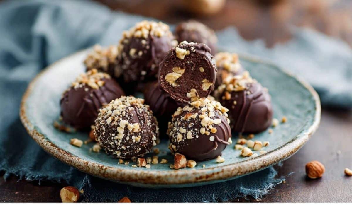 Chocolate Hazelnut Crunch Truffles served on elegant ceramic plate