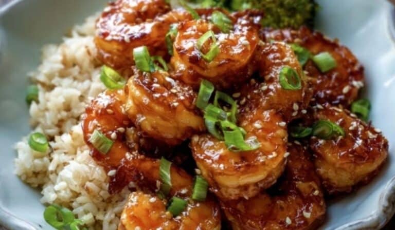 20 Minute Honey Garlic Shrimp served over jasmine rice
