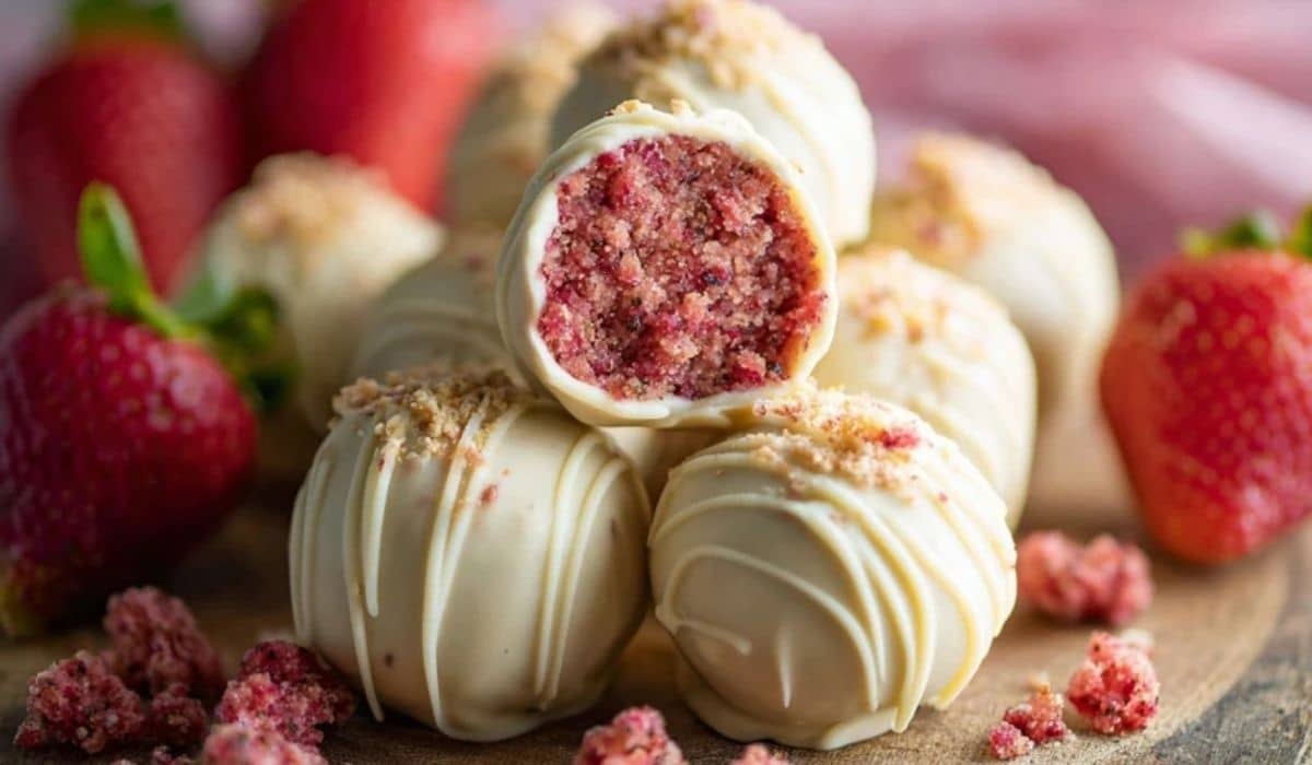 5 Ingredient Strawberry Cheesecake Truffles served on a rustic wooden board