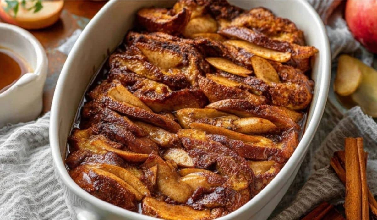 Baked Apple Cider French Toast served on a fall-themed table